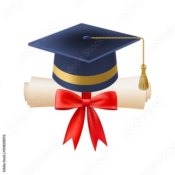 Fototapeta 3d diploma scroll with graduate hat. Vintage roll paper