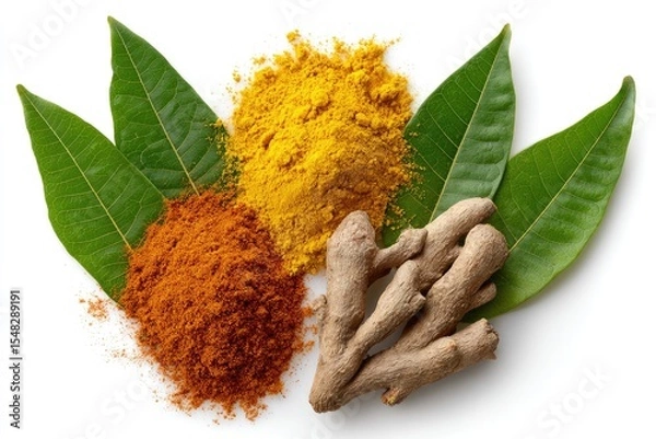 Fototapeta Traditional Ayurvedic spice trio: turmeric, ginger, and ashwagandha root, placed symmetrically with a neem leaf, white background, no shadow