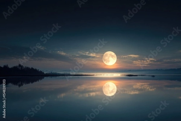 Fototapeta Tranquil full moonrise over still lake reflecting serene night sky and distant shoreline silhouette for calming meditation and wellness content