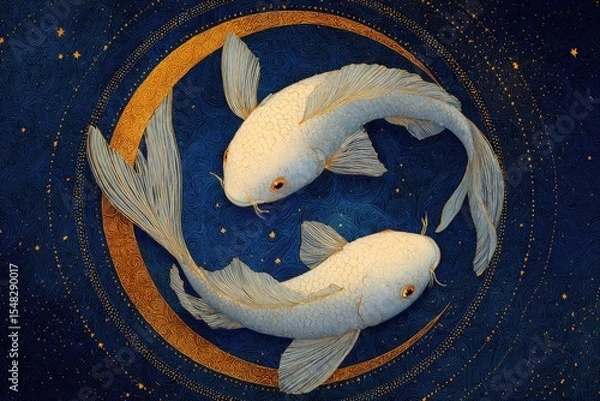 Fototapeta Two White Fish Orbiting a Gold and Blue Crescent Moon with Stars