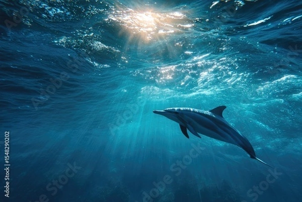Fototapeta Underwater Profile of Dolphin Swimming Calmly in Sunlit Ocean