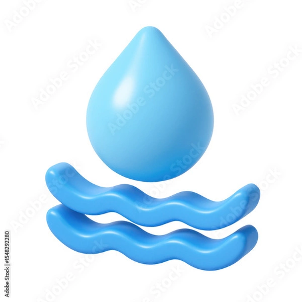 Fototapeta 3d plastic water droplet icon with waves, representing fluidity, freshness, and natural elements in a minimalist design for modern applications
