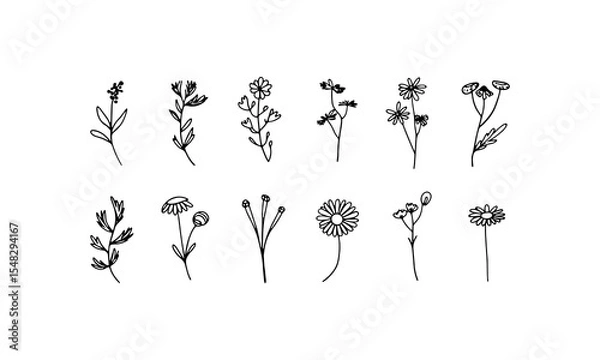 Obraz Simple Black Flower Group. Flat black flower silhouettes with soft rounded petals and organic stems.