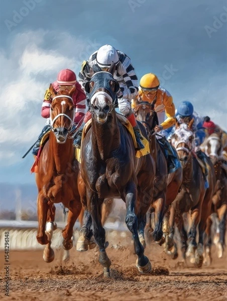 Fototapeta Leading the pack. A jockey and his Thoroughbred thunder down the track in front of the pack.Room for text or copy space