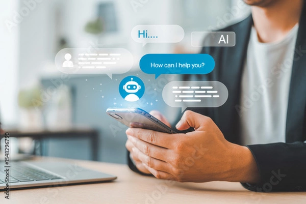 Obraz A person holds a smartphone with digital chat bubbles displaying AI-driven communication. The scene highlights advanced messaging technology with a blue AI chatbot icon. 