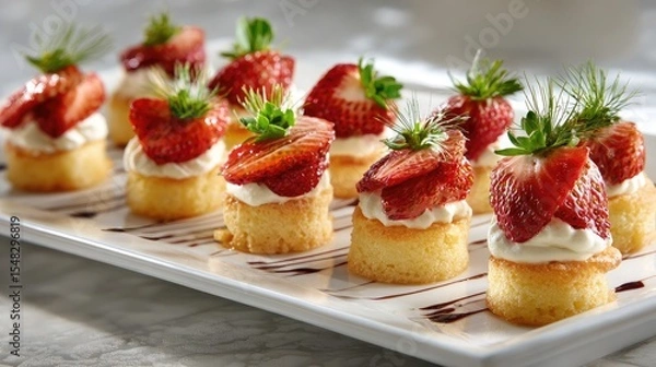 Fototapeta Mini strawberry cakes arranged in rows on a serving tray with decorative sprigs