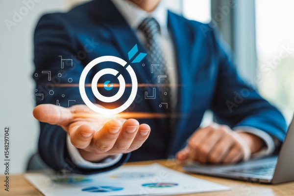 Obraz Businessman in suit holding virtual target symbol, symbolizing precision and goals. Ideal for business strategy or digital marketing themes. Laptop and documents visible, enhancing professionalism.