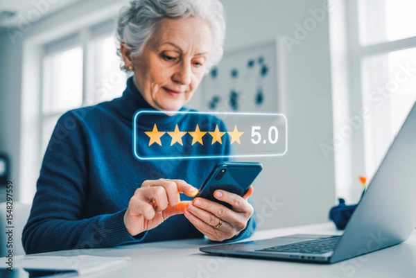Obraz Elderly woman in a blue sweater uses a smartphone, leaving a 5-star review rating. A laptop sits nearby. Bright, blurred background emphasizes the digital interaction and positive feedback.