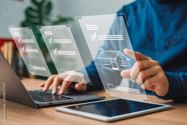 Obraz A person interacts with digital home icons and checklists on a transparent screen using a laptop and tablet. This scene represents modern real estate technology and workflow efficiency.