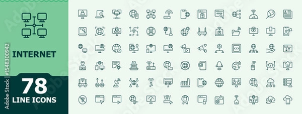 Fototapeta Internet icon set. Outline icons pack. Network related icon set. Contain linear sign network, web, communication, server, connect, connection, computer and more.