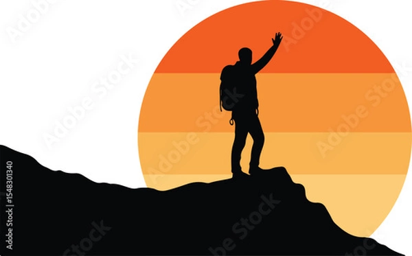 Obraz Man's silhouette on a mountaintop at sunset, celebrating victory and freedom in nature's vast landscape