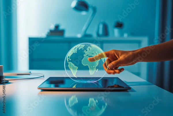 Obraz A hand interacts with a futuristic holographic globe projection emerging from a digital tablet on a sleek white desk. The setting suggests advanced technology in global connectivity.