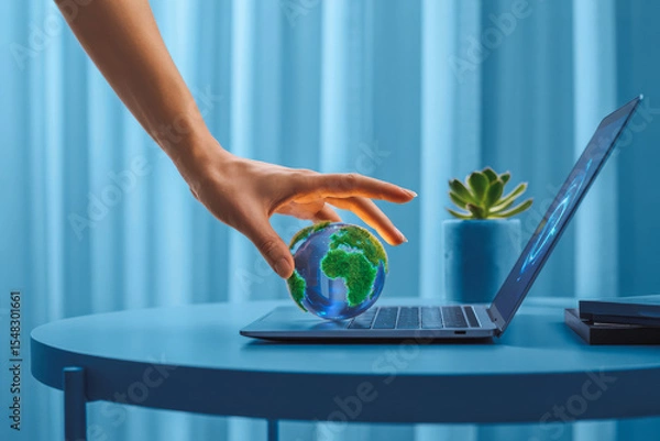 Obraz A hand places a miniature green Earth on a laptop keyboard, symbolizing digital connectivity and sustainability. A small plant in the background adds to the eco-friendly theme in the blue setting.