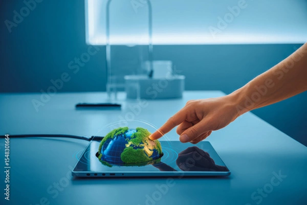 Obraz A hand interacts with a digital tablet displaying a 3D holographic globe. The futuristic setup highlights technology's impact on global connectivity and innovation in modern workplaces.