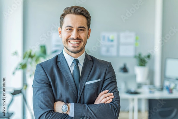 Obraz Confident professional in a sharp suit smiles warmly in a modern office, embodying success and leadership. Bright, organized workspace enhances the aura of productivity and focus.