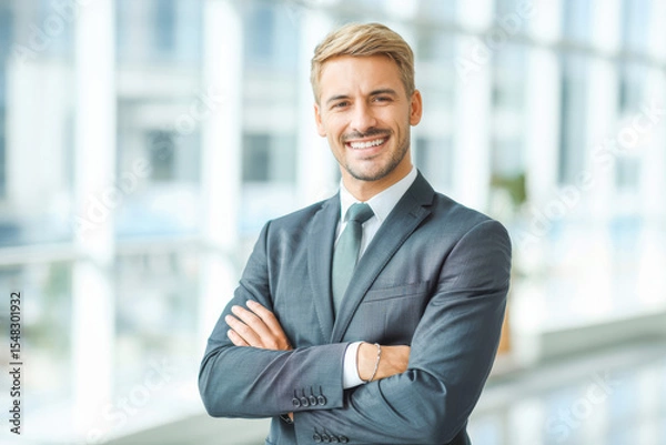 Obraz A confident man in a business suit stands in a modern office setting, smiling with arms crossed. The bright, blurred background highlights professionalism and success. Ideal for corporate themes.