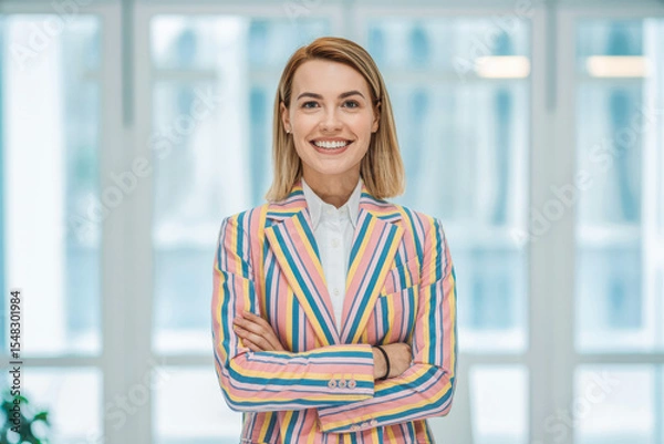 Obraz Smiling woman in a colorful striped blazer stands confidently with arms crossed in a bright office setting. The vibrant outfit adds a lively touch, enhancing her professional and cheerful demeanor.