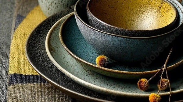 Fototapeta the image shows a stack of ceramic tableware in varying sizes and colors resting on a decorative fabric surface