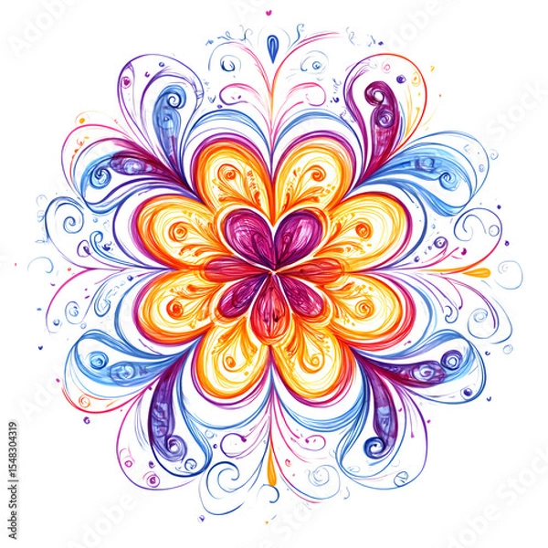 Fototapeta Layered flower mandala with heart shaped petals swirls and line textures hand-drawn style on white