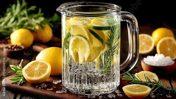 Fototapeta a clear glass pitcher filled with a liquid sits prominently in the center, containing slices of yellow citrus fruit and green leafy stems