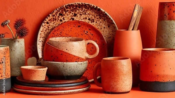 Fototapeta an assortment of earthenware objects in varying sizes and shapes are arranged against an orange backdrop