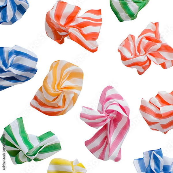 Fototapeta Minimalist fans, visors, and neck scarves rendered in beach towel stripe patterns, repeating on white