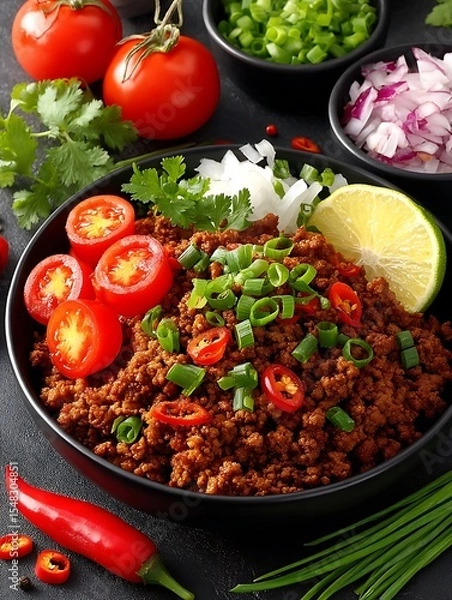 Fototapeta a black bowl overflows with seasoned crumbled ground meat, accented with sliced scallions, lime, chopped onion, and tomato pieces