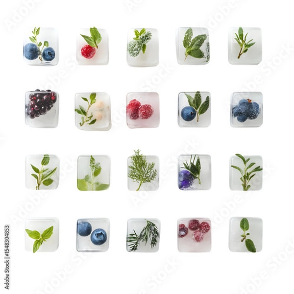 Fototapeta Minimalist ice cube designs with embedded herbs and berries, gridded repeat, on white