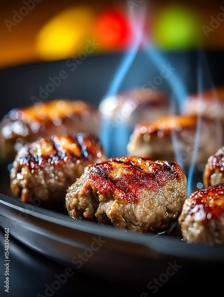 Fototapeta the image presents a close up view of small, round patties arranged on a dark, shallow pan