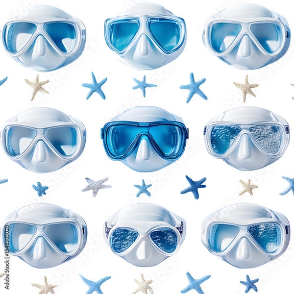 Fototapeta Minimal composition of snorkeling masks with lens reflections showing tiny beach icons, repeated over white