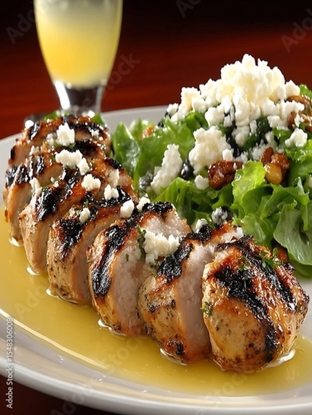 Fototapeta a plate of grilled sliced meat rests on a white surface, accompanied by a vibrant green salad. the meat is drizzled with a light sauce and sprinkled with crumbles of white cheese
