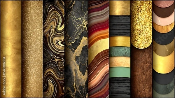 Fototapeta the scene features a series of vertical panels showcasing a variety of patterns and textures. the panels include swirling designs, speckled surfaces, and layered effects