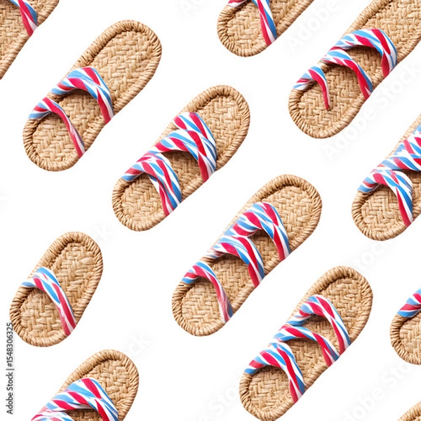 Fototapeta Pattern of summer sandals made from jute and candy strip soles, diagonal repeat on white