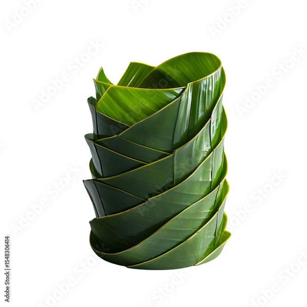 Fototapeta Pen cup made from stacked tropical leaves in a spiral form, minimalist and isolated