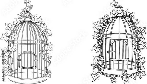 Obraz Two Outline Birdcages Encircled by Ivy Vine, Decorative Illustration