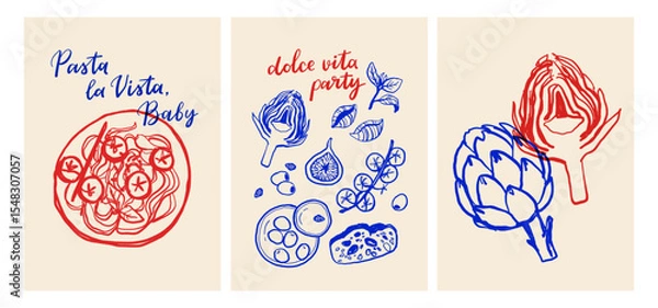 Fototapeta La dolce vita vintage posters. Italian Summer Line Art Vector Set with Pasta, Mozzarella, Coffee, Seafood and Herbs. Vector illustration ink doodle sketch style.