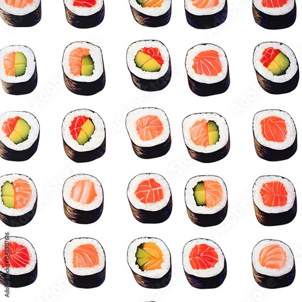 Fototapeta Repeating pattern of rolled swimsuits shaped like layered sushi, vibrant and clean on white