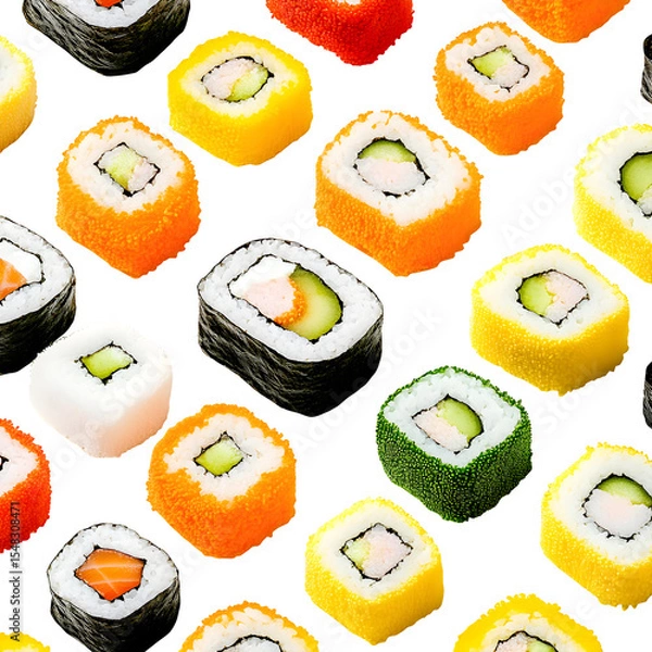 Fototapeta Seamless pattern of mini beach towels rolled like sushi, colorful and detailed, on clean white background