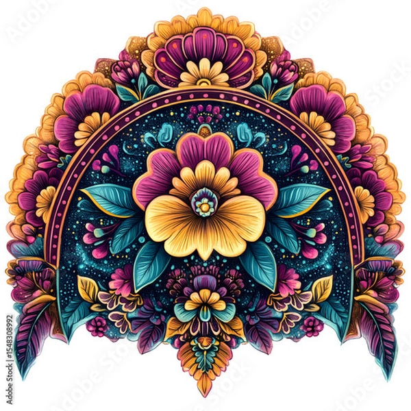 Fototapeta Semi-circular mandala design featuring dense symmetrical hand-drawn details with floral and leaf accents in magenta yellow and turquoise