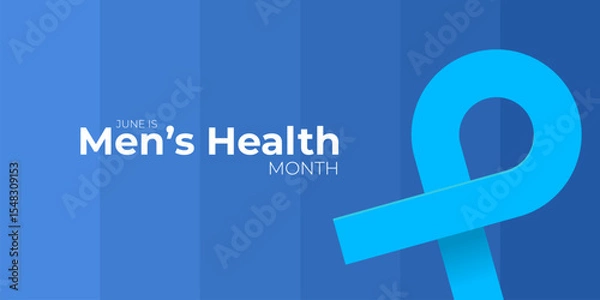 Fototapeta June s National Men s Health Awareness Month concept. Horizontal banner design with a blue ribbon and text, isolated on a blue background. Use as a vector flyer or poster