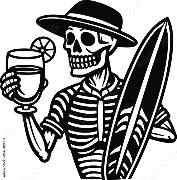 Fototapeta Skeleton wearing cap holding cocktail and surfboard in beach fun scene silhouette vector