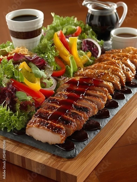 Fototapeta the image displays a culinary arrangement featuring sliced protein and a salad. the protein, adorned with a glossy sauce, is laid out in an even row along a dark slate board