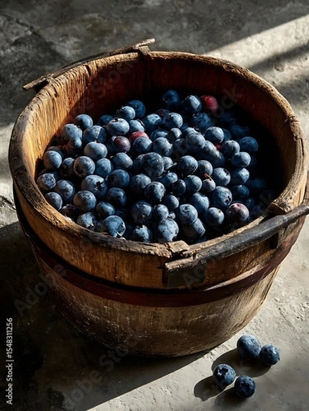 Fototapeta the image features a wooden bucket filled to the brim with dark blue fruit. the bucket shows signs of wear, with a dark rim around its circumference