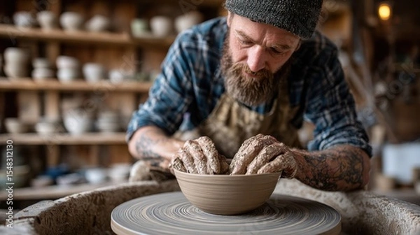 Fototapeta A skilled artisan works on a pottery wheel, carefully molding wet clay into a bowl. Natural light fills the room, highlighting his focused expression and textured hands.