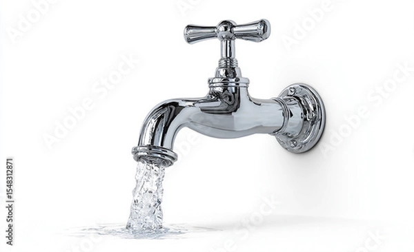 Fototapeta Water faucet with water flowing, isolated on a white background