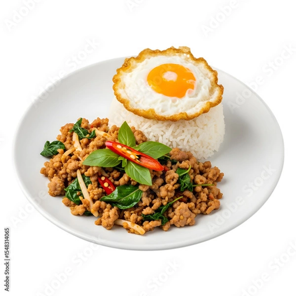 Fototapeta A classic plate of spicy Thai basil stir-fry, or Pad Kra Pao, with pork and a fried egg on isolated transparent background, a popular street food.