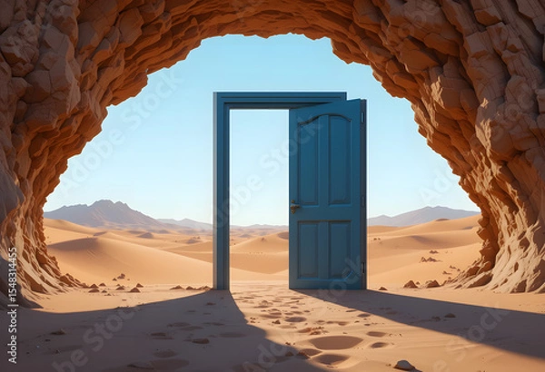 Fototapeta Opened door on desert. Unknown and start up concept. This is a 3d illustration