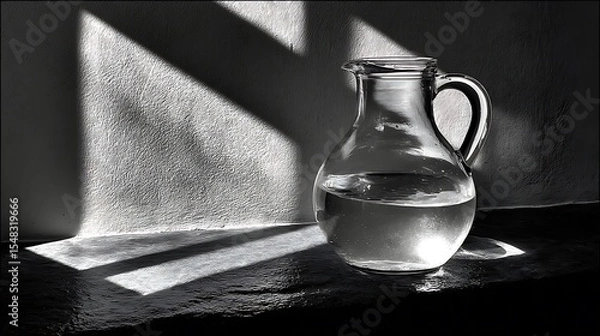 Fototapeta the grayscale image features a glass container holding liquid. the container, with a handle, sits on a flat surface against textured walls