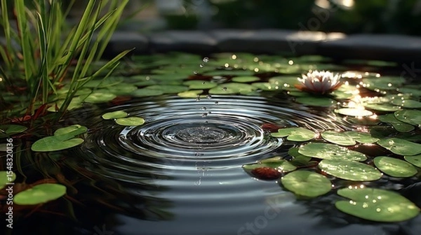 Fototapeta the image depicts a tranquil pond, where a drop of water has just disturbed the surface, creating concentric ripples