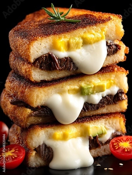 Fototapeta the image captures a stack of three sandwiches against a dark background